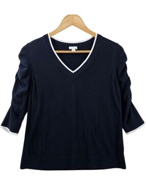 J.Jill Navy Blue V-neck Sweater Size Medium Ruched 3/4 Sleeves Organic Cotton